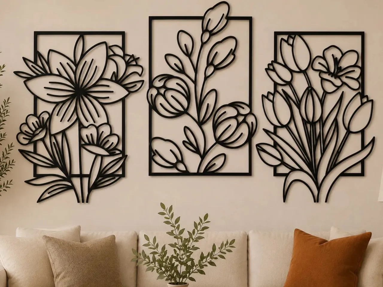 [Laser cut and engrave] Three-Piece Floral Rectangular Wall Art Set