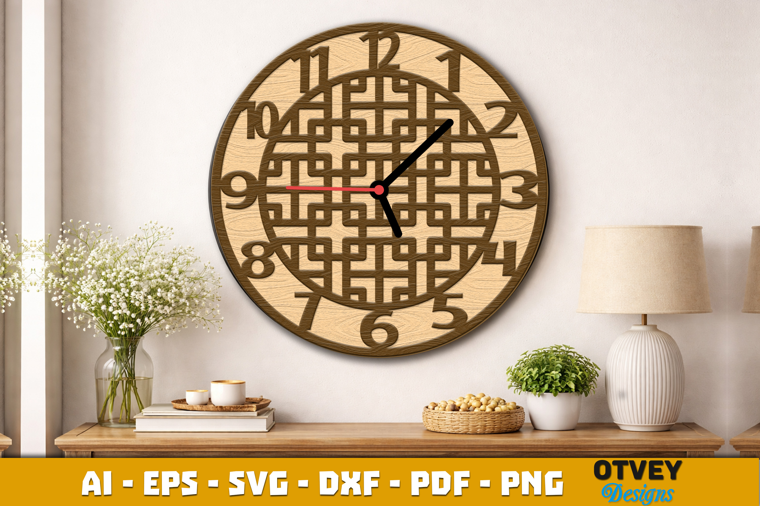 [Laser cut and engrave] Round wall clock with geometric lattice pattern and large numerals