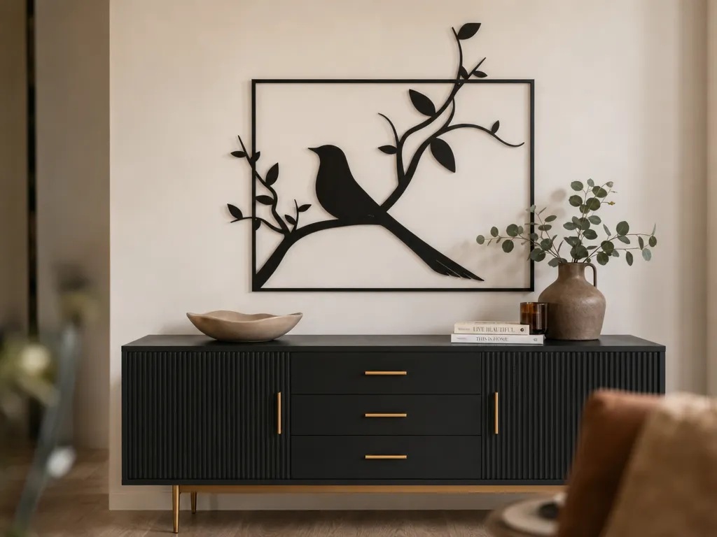Bird on Branch Wall Art SVG, Bird Silhouette SVG, Nature Wall Decor, Laser Cut File, Modern Botanical Wall Art, Woodland Art