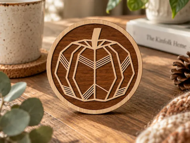 Geometric Pumpkin Round Wooden Coaster – Laser Cut Design