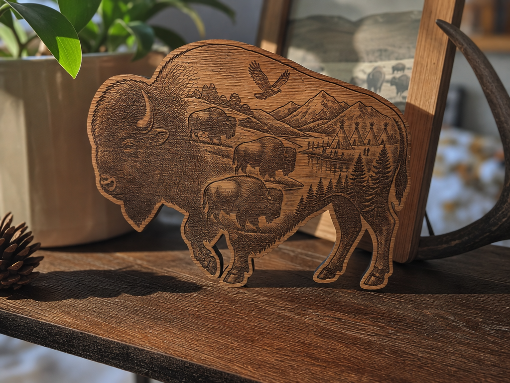 Figura de madera con silueta de bisonte y paisaje de montaña