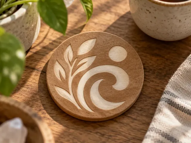 Round wooden coaster with leaf and wave motif