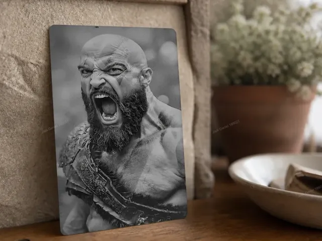 Plaque métallique représentant Kratos de God of War