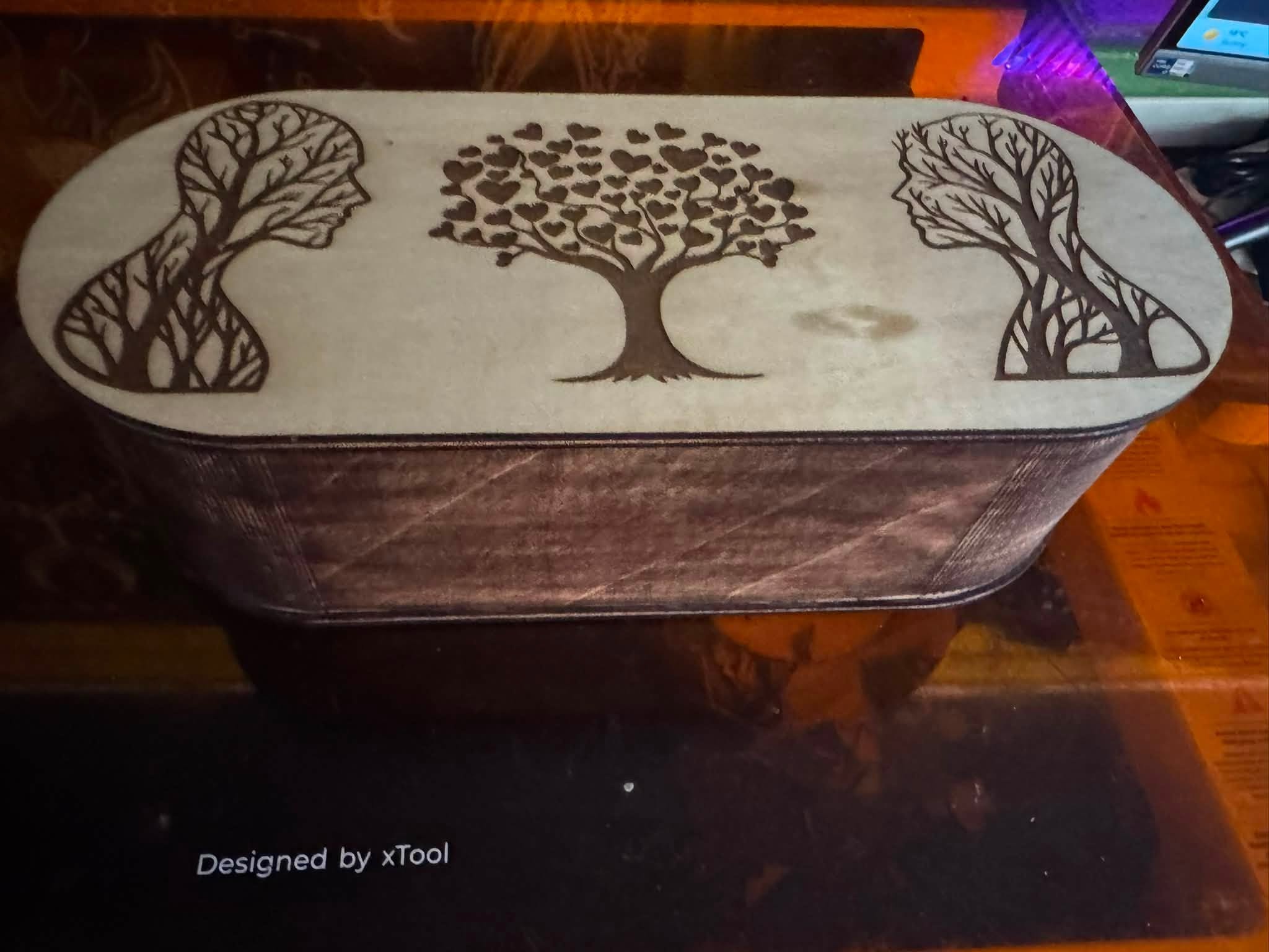 [Laser cut and engrave] Oval Wooden Keepsake Box with Tree of Life and Human Profile Art