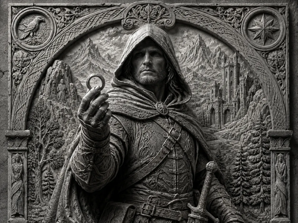 Bas-relief mural représentant un guerrier fantastique tenant un anneau