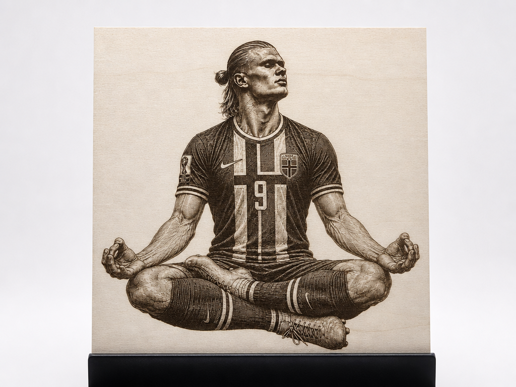 Football/soccer player portrait in lotus pose on wooden panel