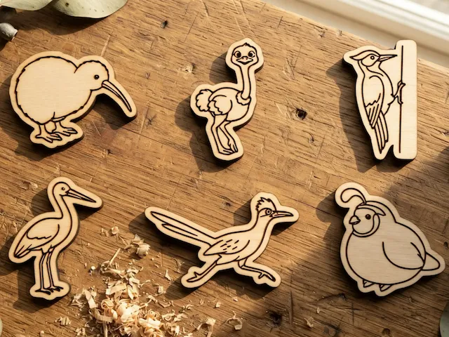 Set of Wooden Bird Figurines Including Kiwi Ostrich Woodpecker Stork Roadrunner and Quail