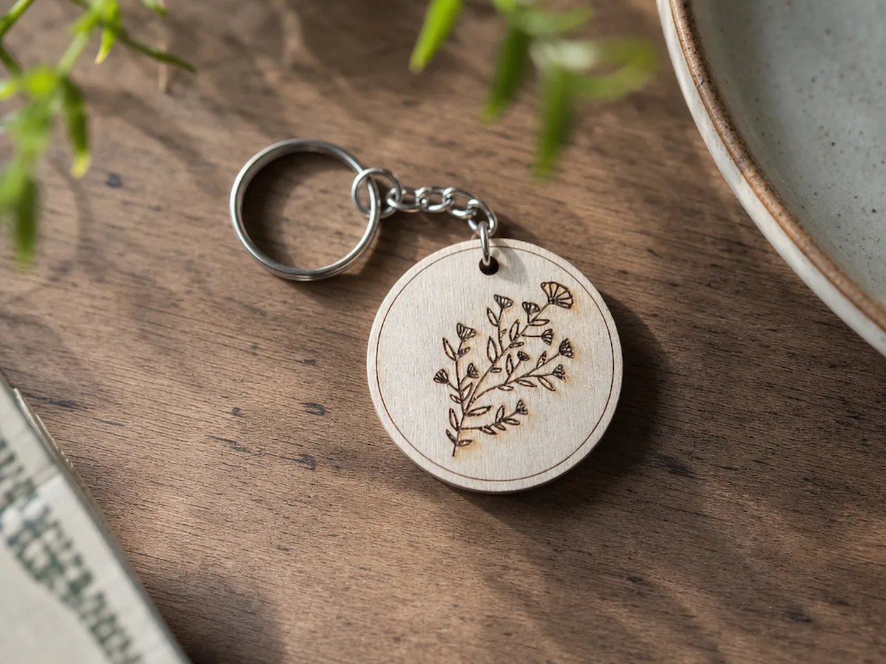 [Laser cut and engrave] Round wooden keychain with wildflower botanical illustration