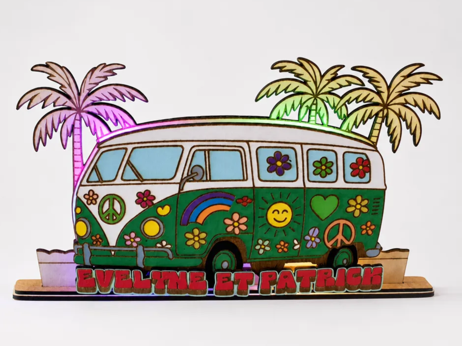 Panneau décoratif van hippie avec palmiers personnalisé Evelyne et Patrick