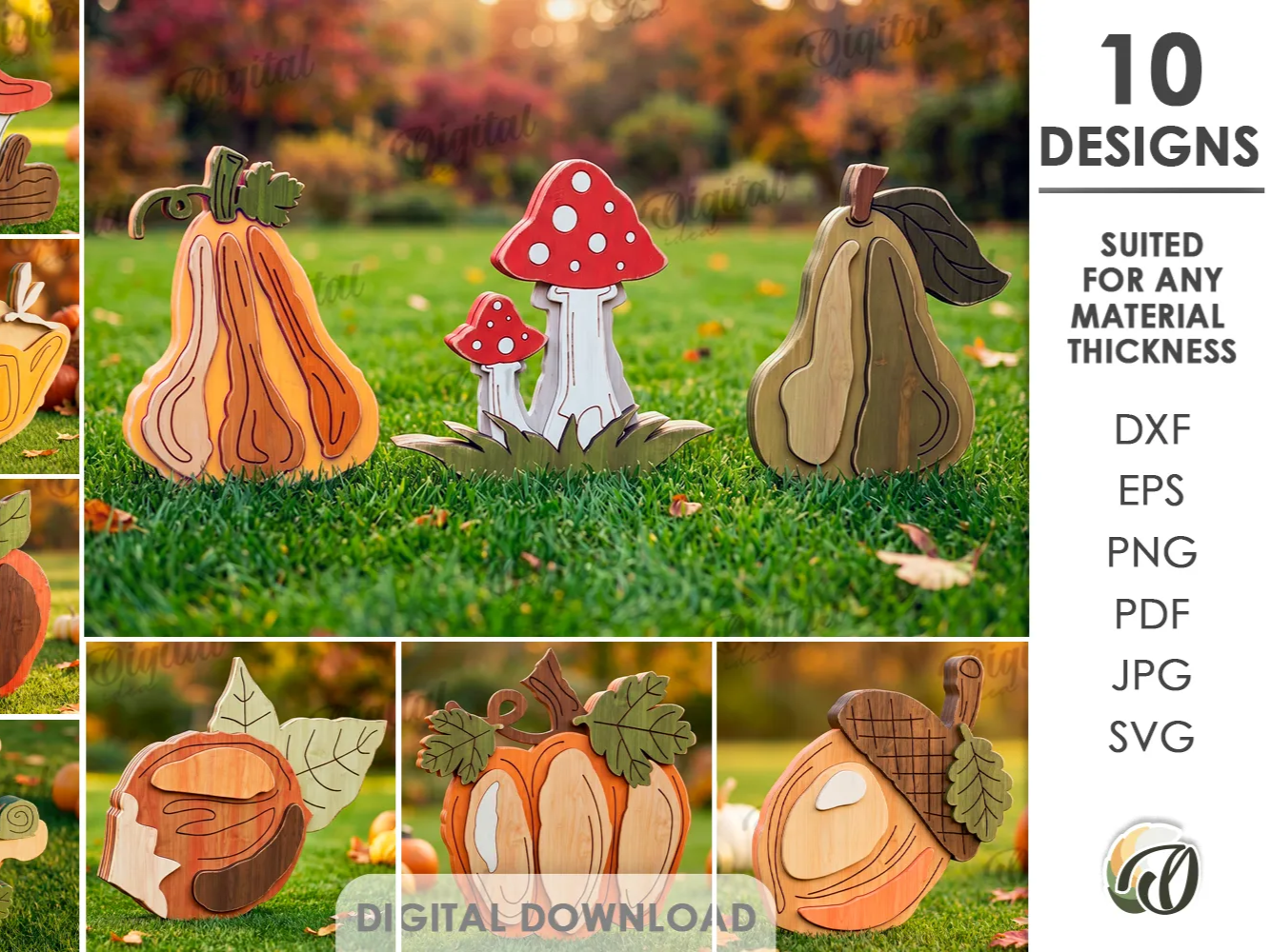 3D Garden Stakes Bundle. Fall Garden Decor Laser cut Files. Pumpkin SVG. Mushroom. Pear. Acorn Yard Stakes. Wooden Garden Decoration