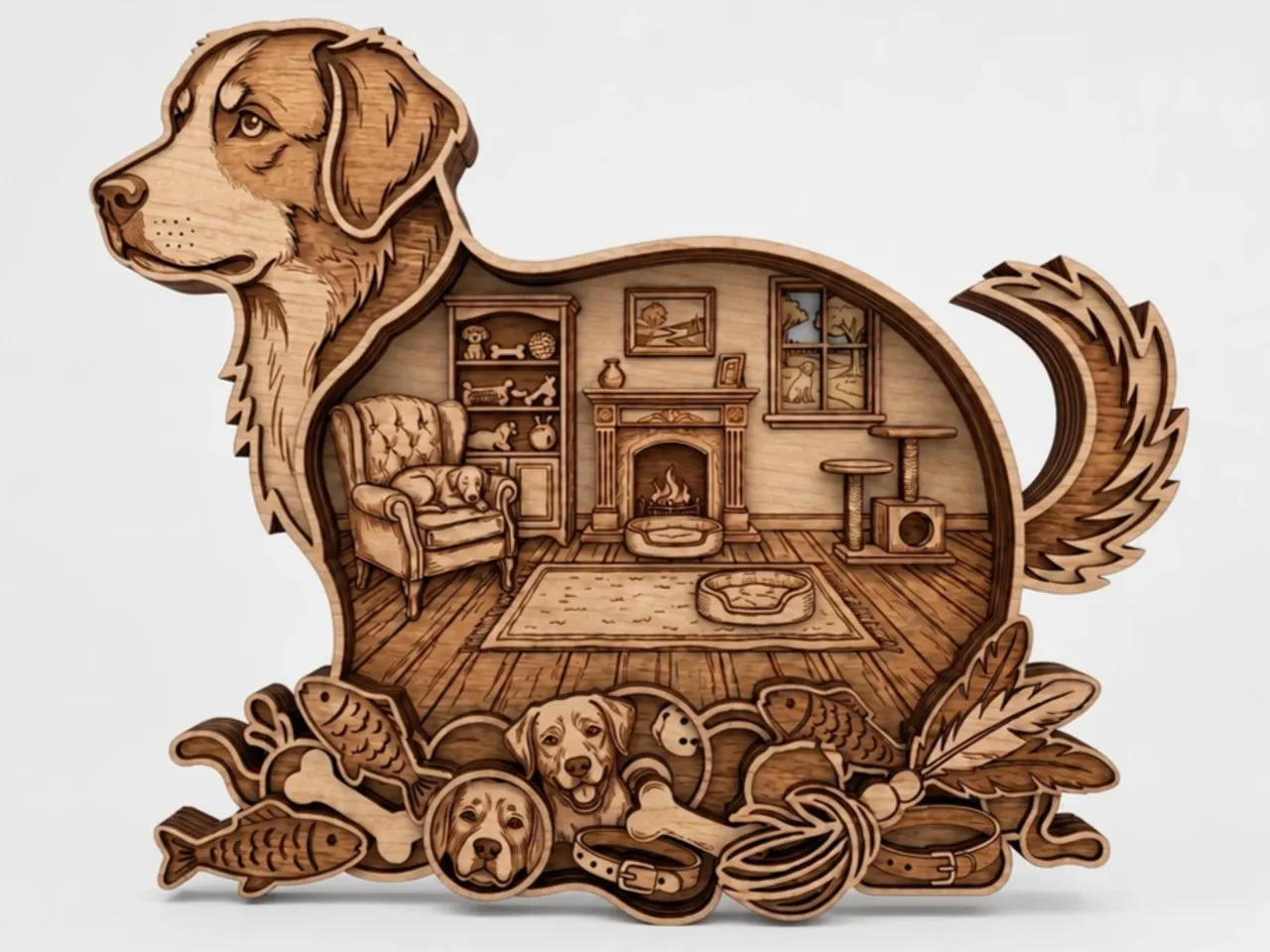 [Laser cut and engrave] Layered Wooden Dog Silhouette Wall Art Featuring Cozy Living Room Scene