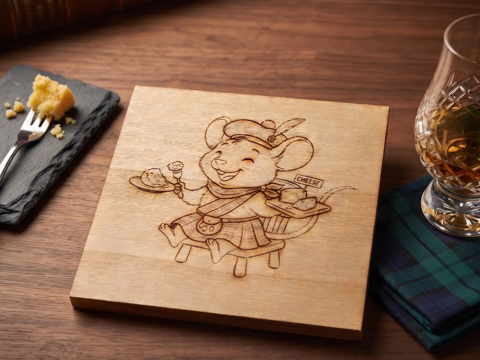 Wooden coaster featuring "Hamish" the Scottish cartoon mouse eating cheese