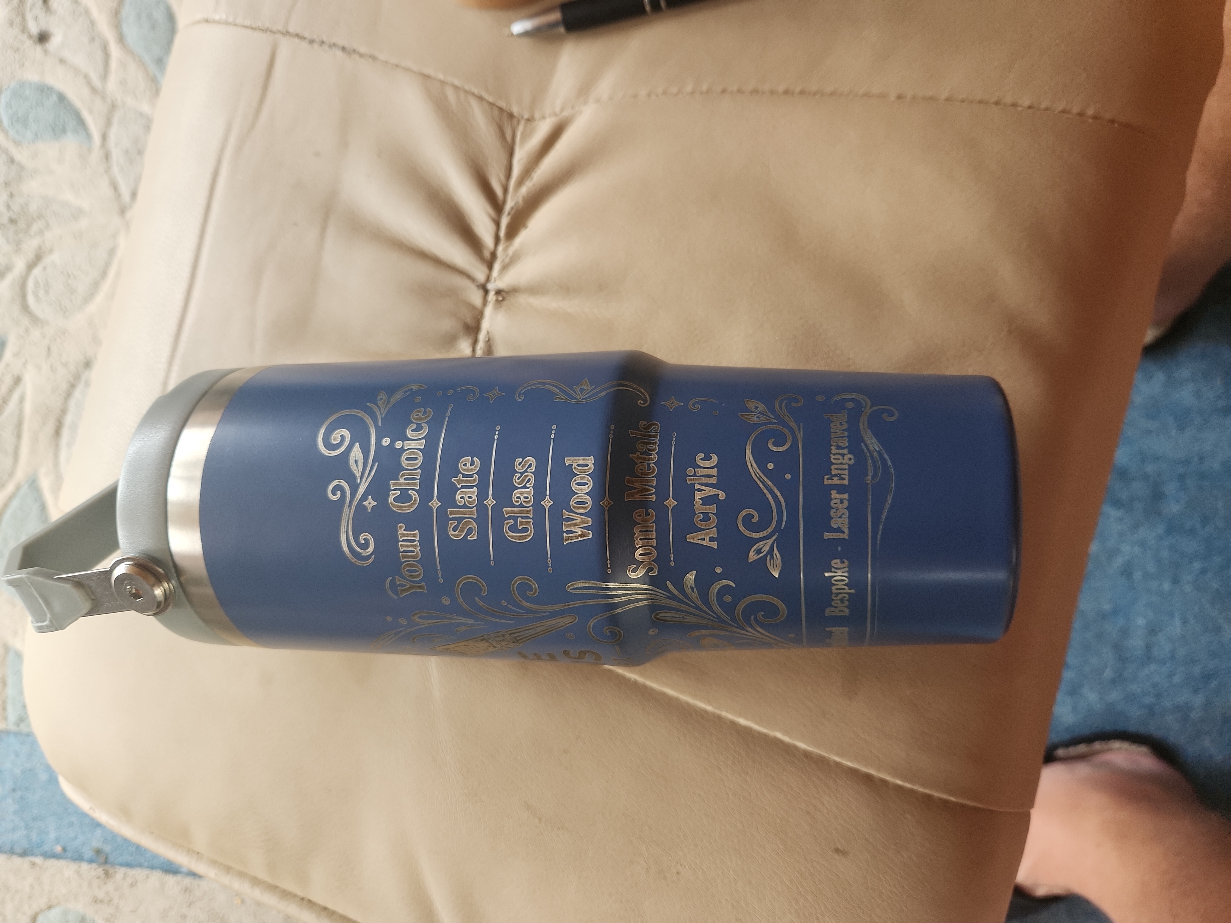 [Laser cut and engrave] Blue Insulated Stainless Steel Travel Tumbler with Handle