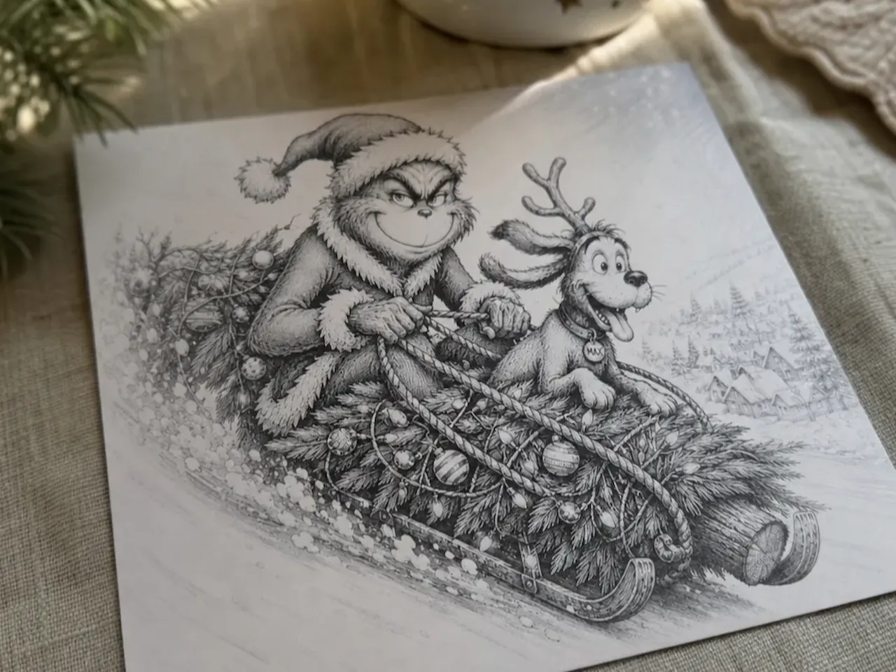 [Laser cut and engrave] Grinch and Max Sleigh Ride Christmas Illustration