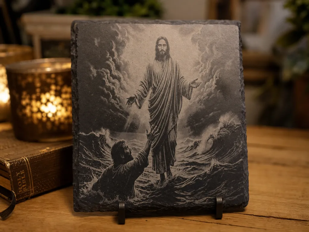 Slate Plaque Featuring Jesus Walking on Water and Reaching for Peter