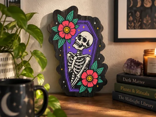 Skeleton in Coffin Wall Art with Floral Accents