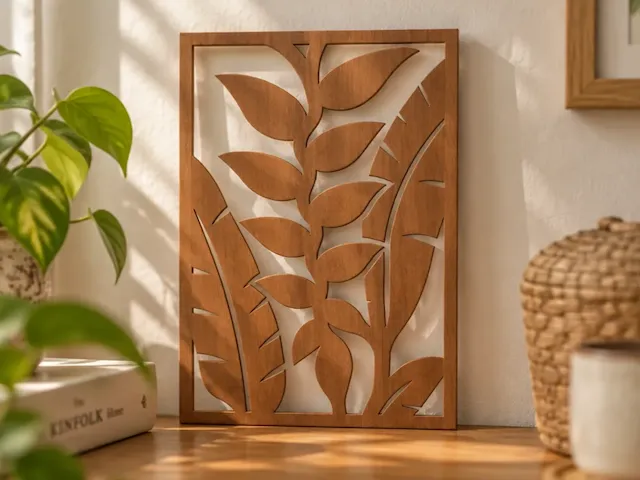 Rectangular Wooden Wall Art Panel with Tropical Leaf Motif