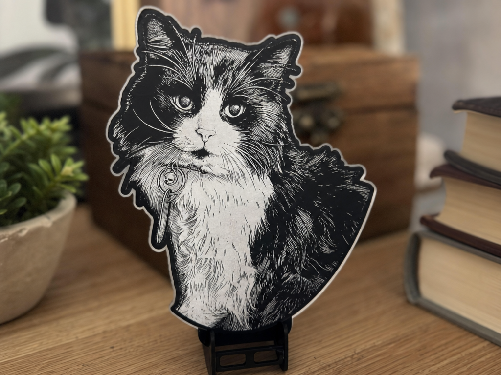 Black and White Long-Haired Cat Portrait Standee laser engraved pet portrait idea