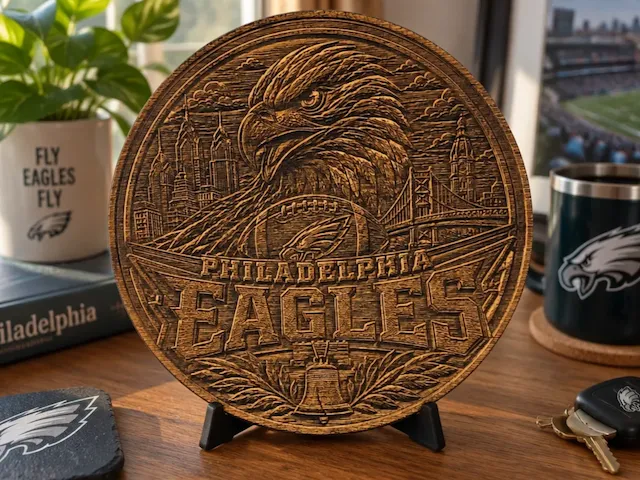 Philadelphia Eagles Round Wooden Wall Plaque with City Skyline and Eagle Motif