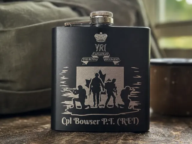 Black Metal Hip Flask with Canadian Military Regiment Insignia and Soldier Silhouette