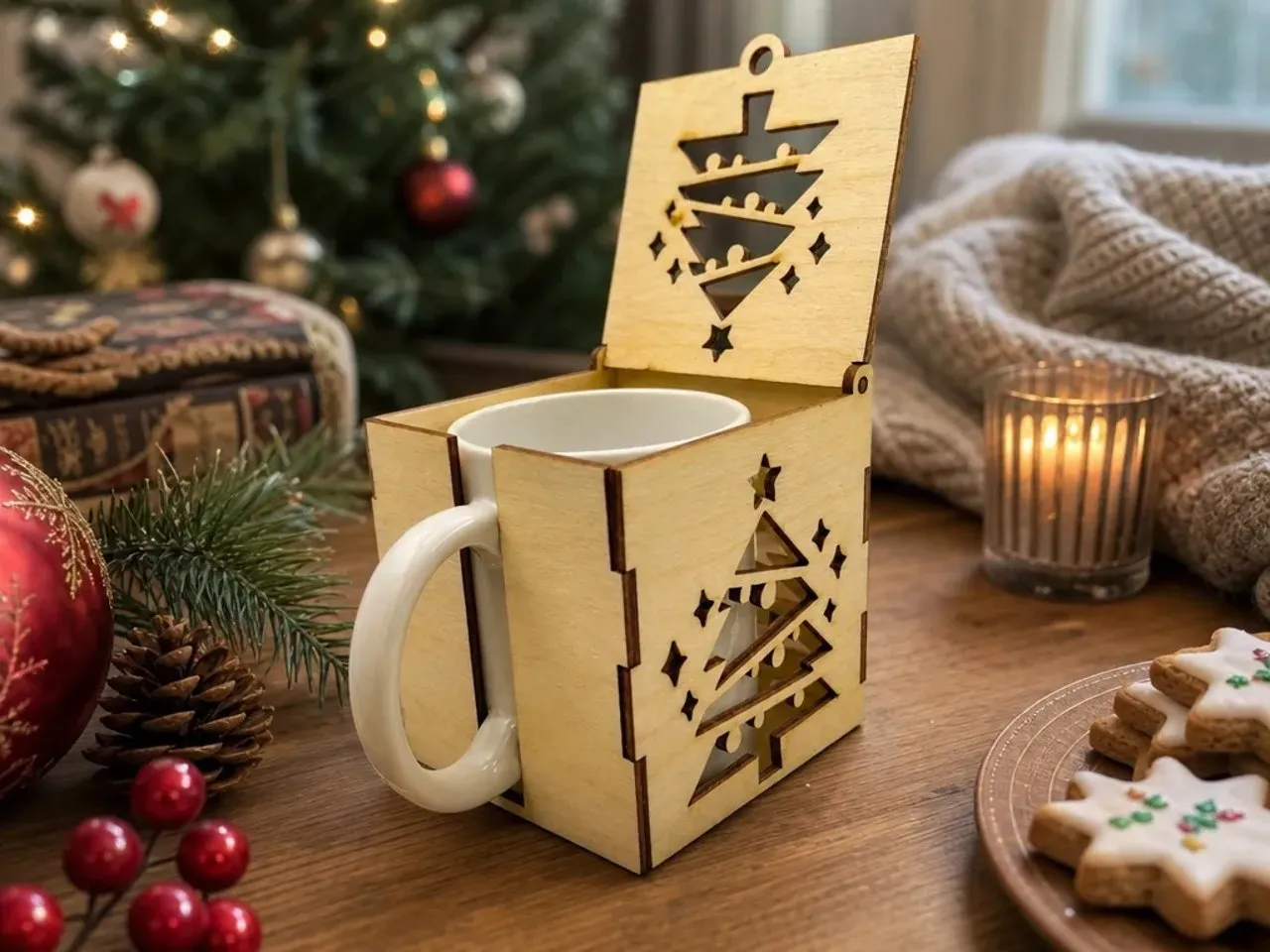 [Laser cut and engrave] Boîte en bois pour tasse avec motif de sapin de Noël