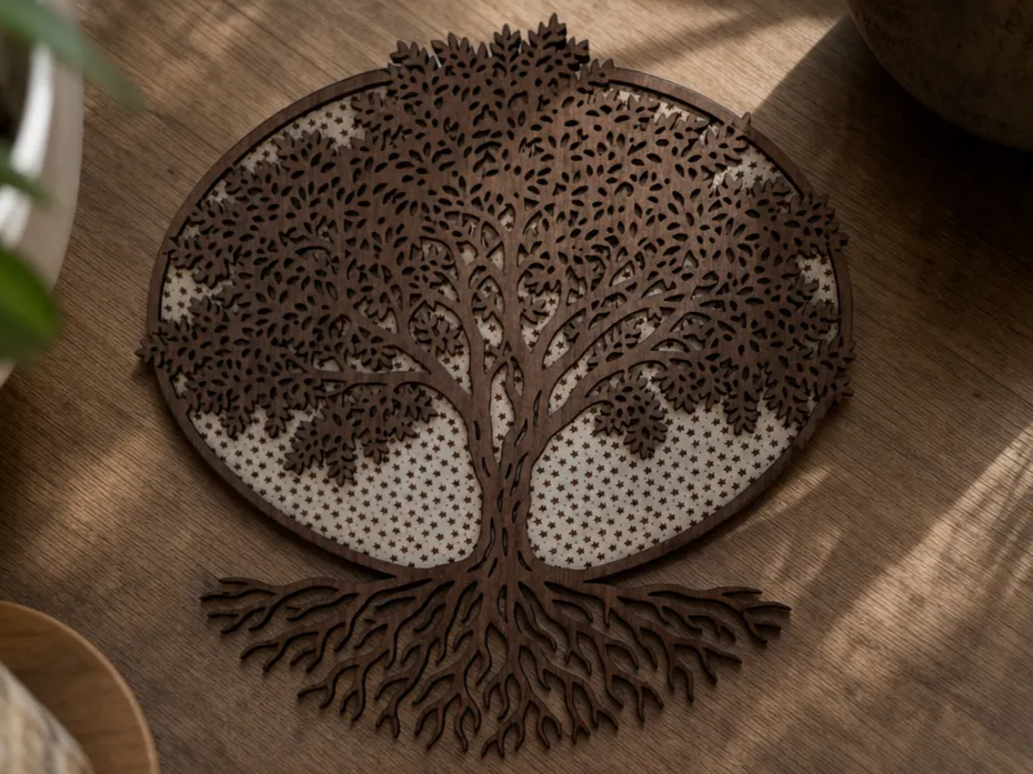 Décoration murale ovale en bois représentant un arbre de vie sur tissu encollé