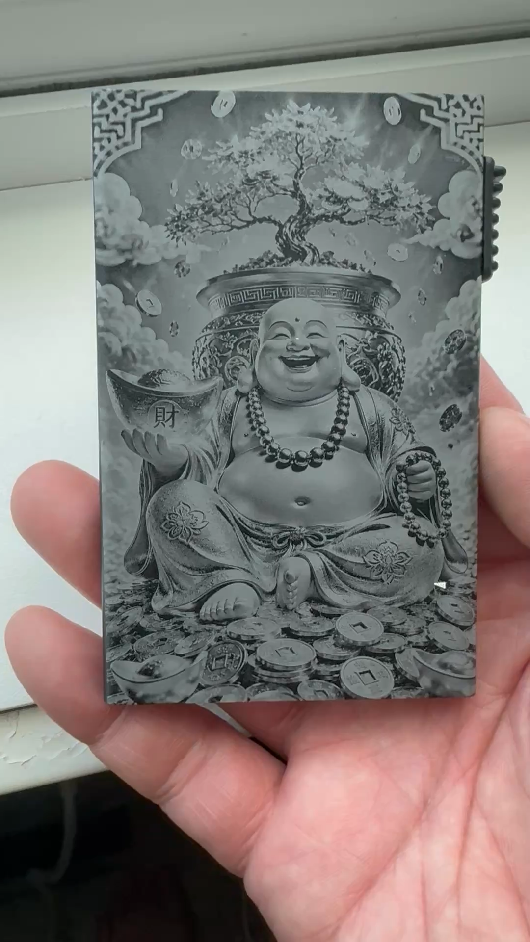 Metal Wallet Featuring Laughing Buddha with Wealth Symbols