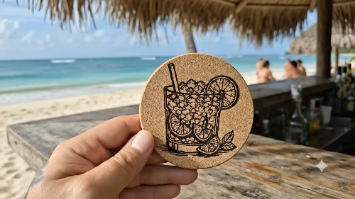 [Laser cut and engrave] Runder Korkuntersetzer mit Cocktail Motiv Caipirinha
