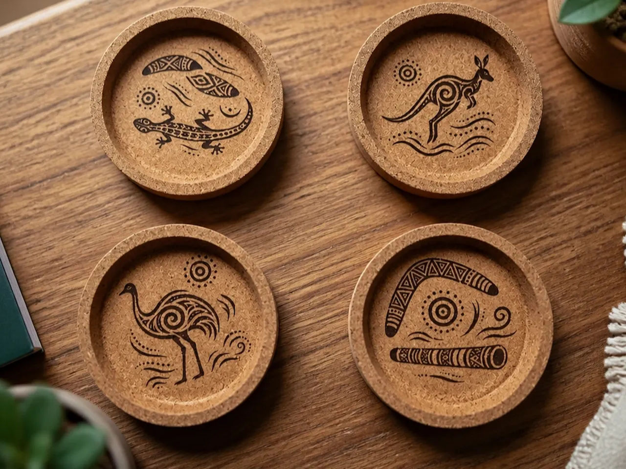 [Laser cut and engrave] Ensemble de quatre sous-verres en liège avec motifs aborigènes australiens