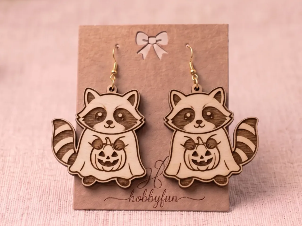 [Laser cut and engrave] Raccoon Wearing Ghost Costume with Pumpkin Halloween Earrings