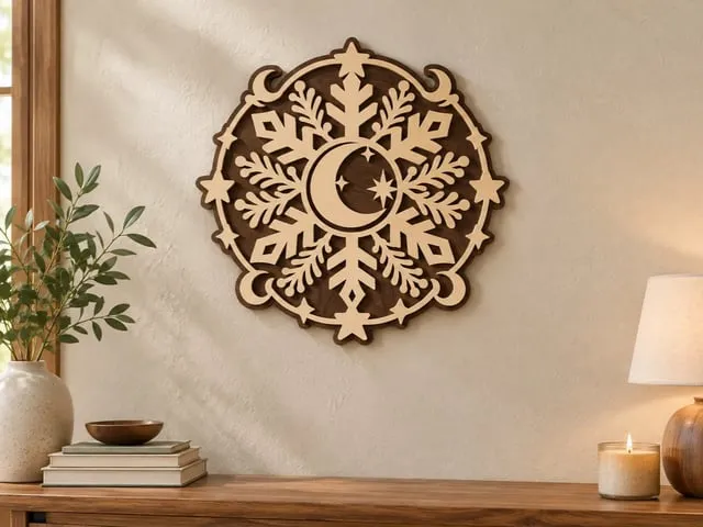 Round Wooden Christmas Snowflake & Moon Wall Art & Home Decor