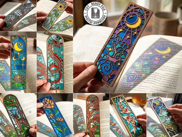 Stained Glass Style Wooden Bookmarks with Nature and Celestial Motifs Laser Cut Bundle