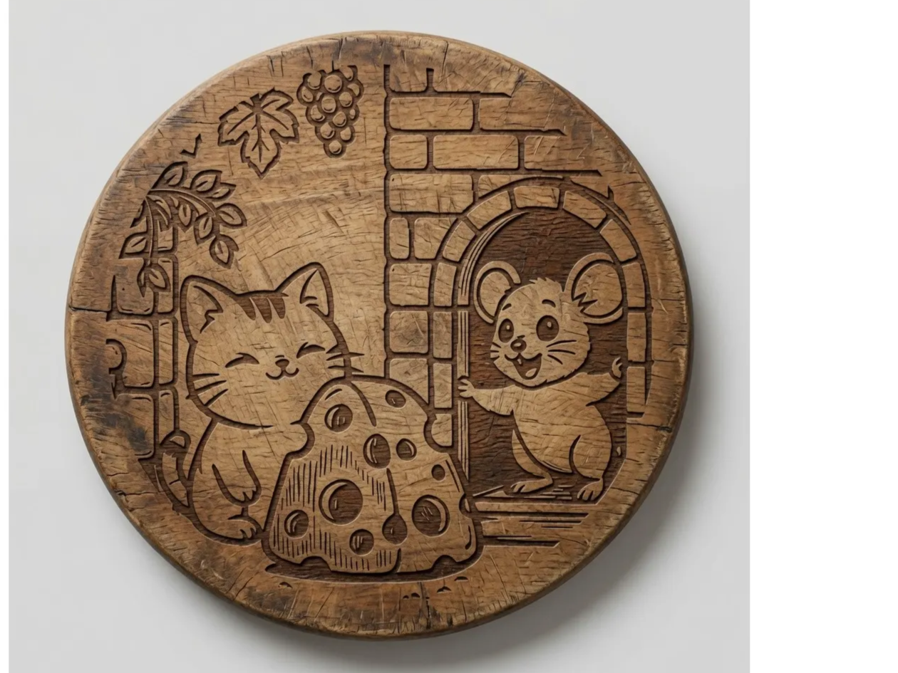 Cat and Mouse Cheese Scene – Digital Laser Engraving File for Cutting Boards - Coaster or Serving Plate