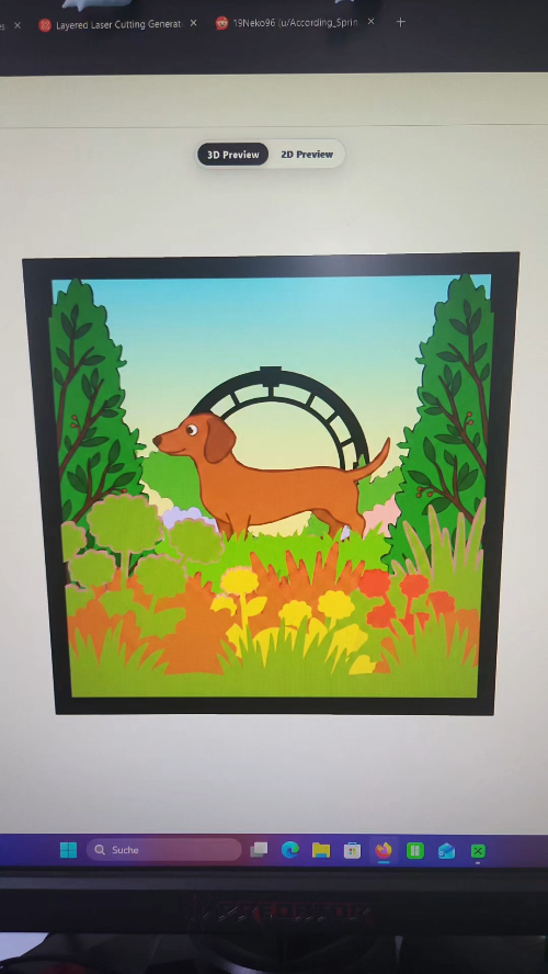 [Laser cut and engrave,Inkjet printing] Dackel im Garten 3D-Schattenbox Wandbild
