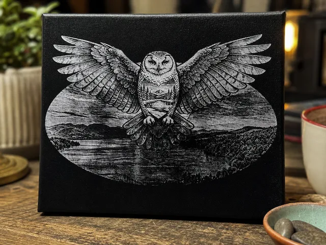 Black and White Canvas Art Featuring a Flying Owl Over a Mountain Lake