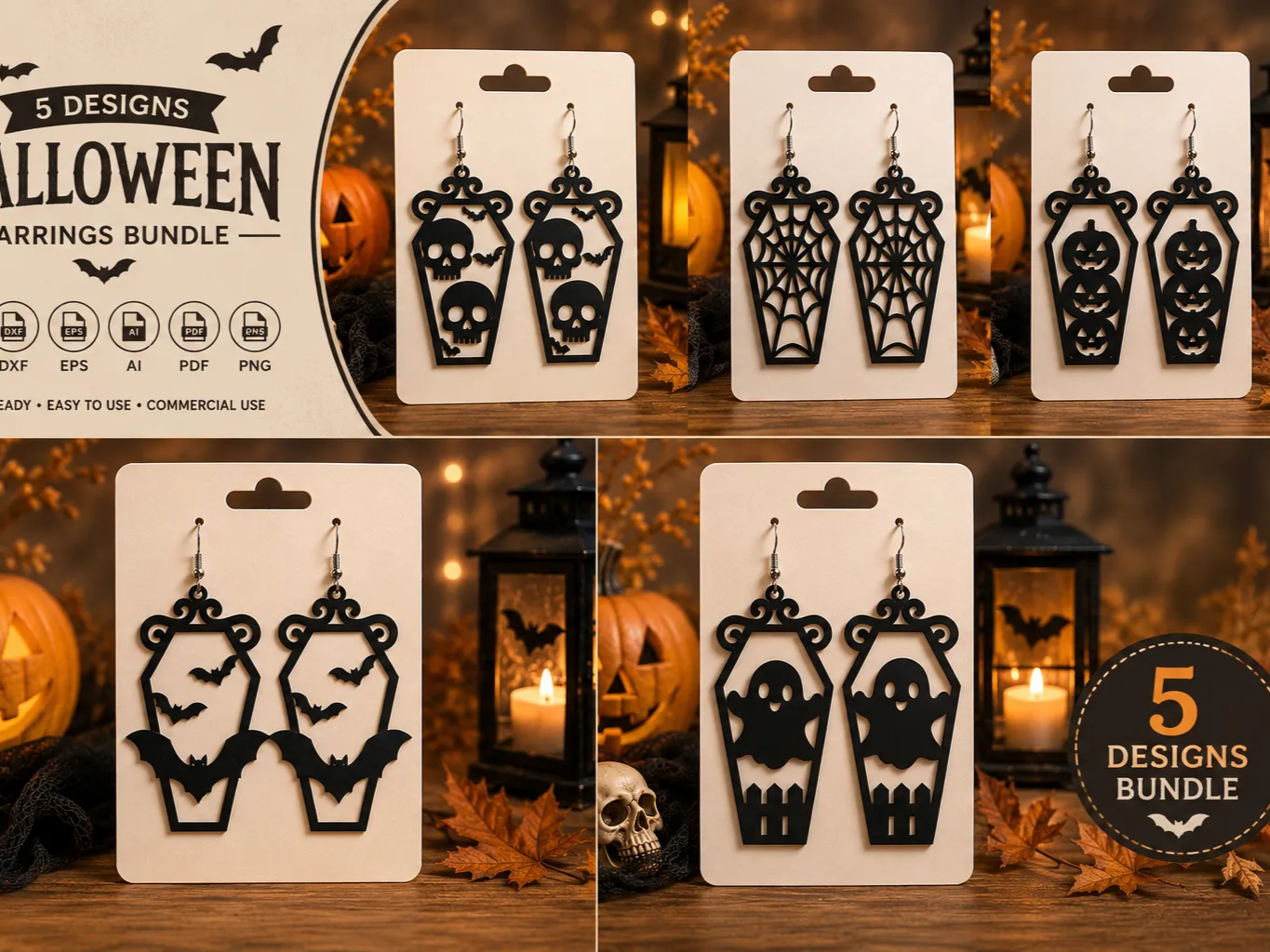 Halloween Coffin Shaped Earrings with Skull, Spiderweb, Pumpkin, Bat, and Ghost Motifs