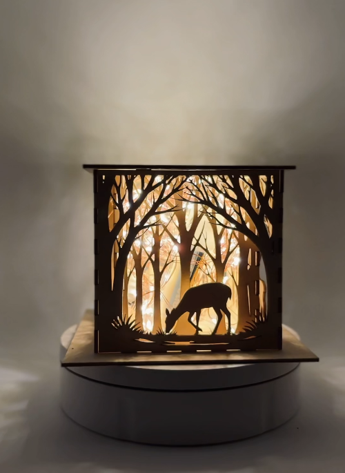 [Laser cut and engrave] Illuminated Deer and Forest Scene Shadow Box Lantern